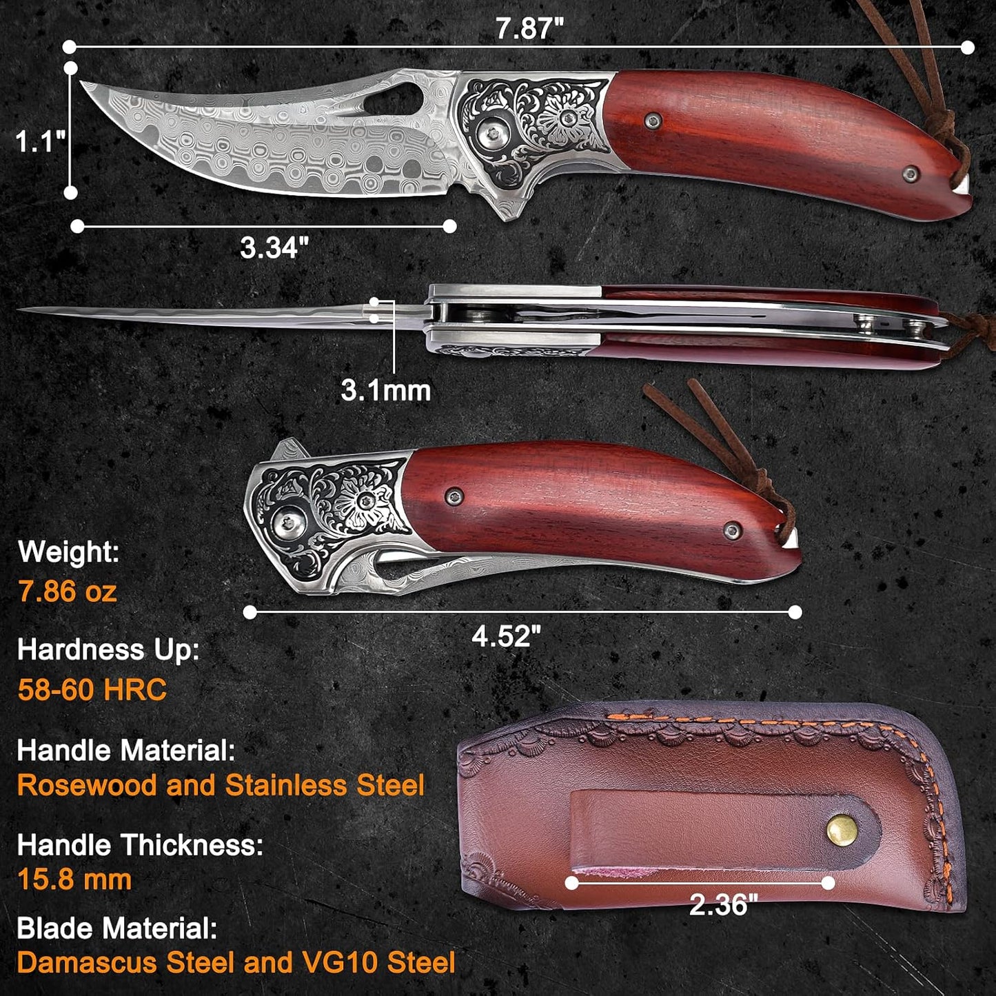 KOMWERO Damascus Pocket Knife for Men Women, Sharp VG10 Core Damascus Steel Knife for Outdoor Camping Survival Hunting - Wood Handle, Ball Bearing, Leather Sheath, Liner Lock