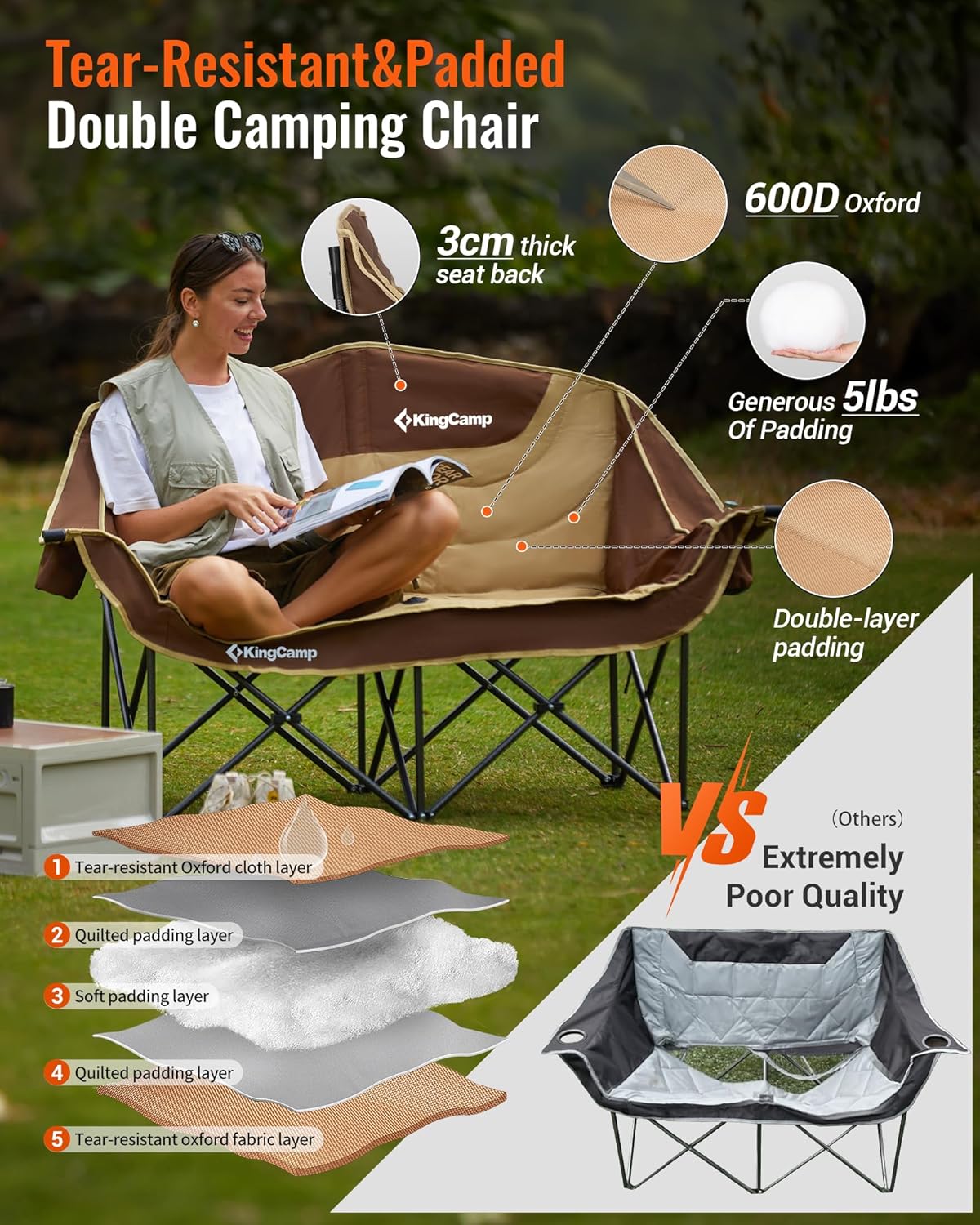 KingCamp Double Camping Chair, Oversized 660lbs Heavy Duty Loveseat for Adults Portable Folding XL 2 Person Couch Padded Comfortable Two Seat with Cup Holder for Outdoor Lawn Backyard, Khaki/Coffee