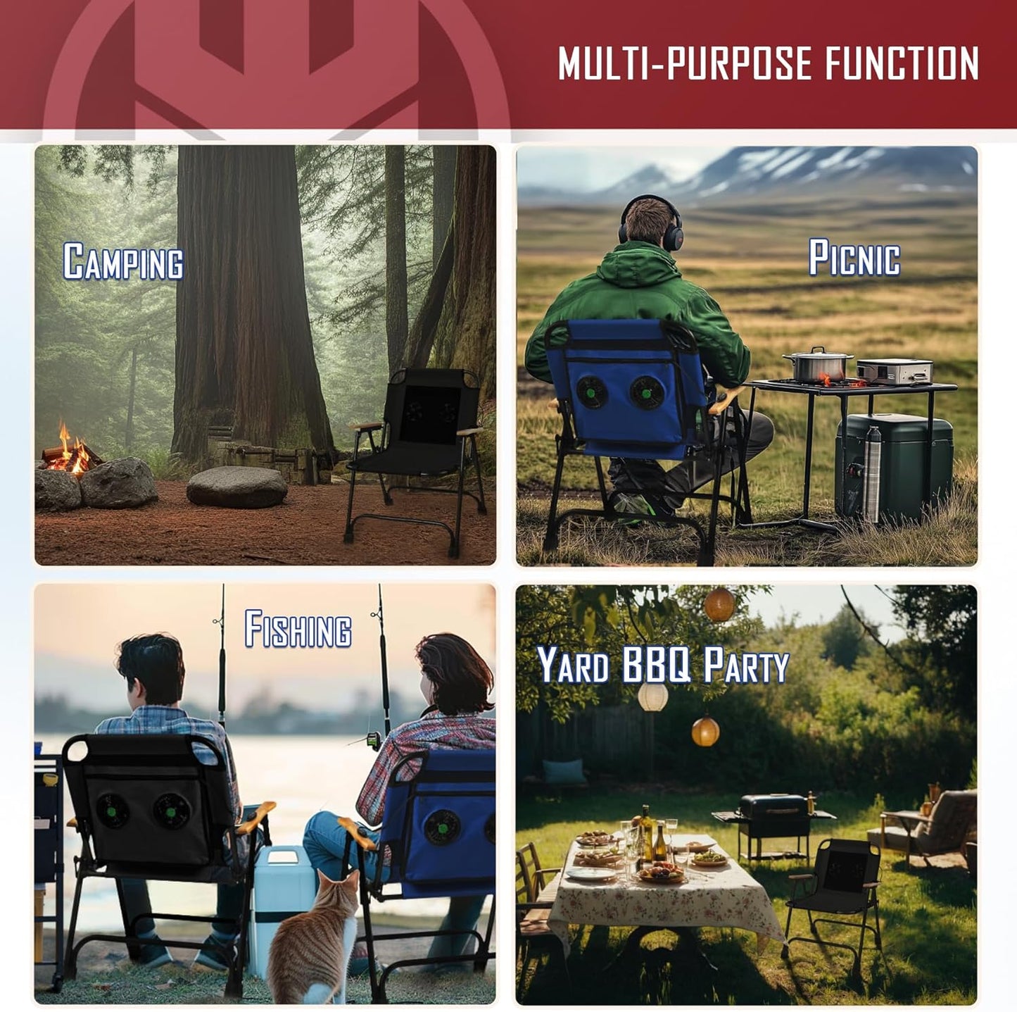 KNINE OUTDOORS Foldable Beach Chair Camping Chair with Fan, with USB-Powered Cooling System, for Camp, Beach, Fishing (Black)