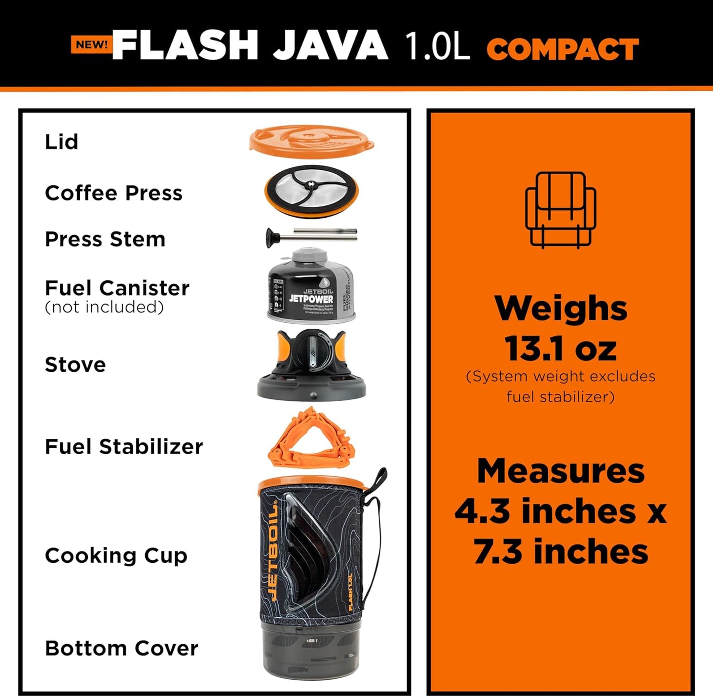 Jetboil Flash Java 1.0L Portable Fast Boil Stove with Silicone French Press and 1-Step Auto Ignition for Camping and Backpacking, New for 2025, Propane/Isobutane Burner with Cooking Cup, Topo