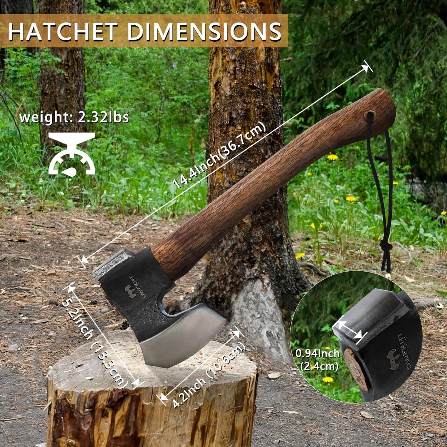 14.4" Hatchet, Camping Axe, Hand Forged Axe with Sheath, Bushcraft Hatchet with 1065 Carbon Steel and Beech Handle for Wood Chopping – Perfect for Outdoor Survival and Adventures