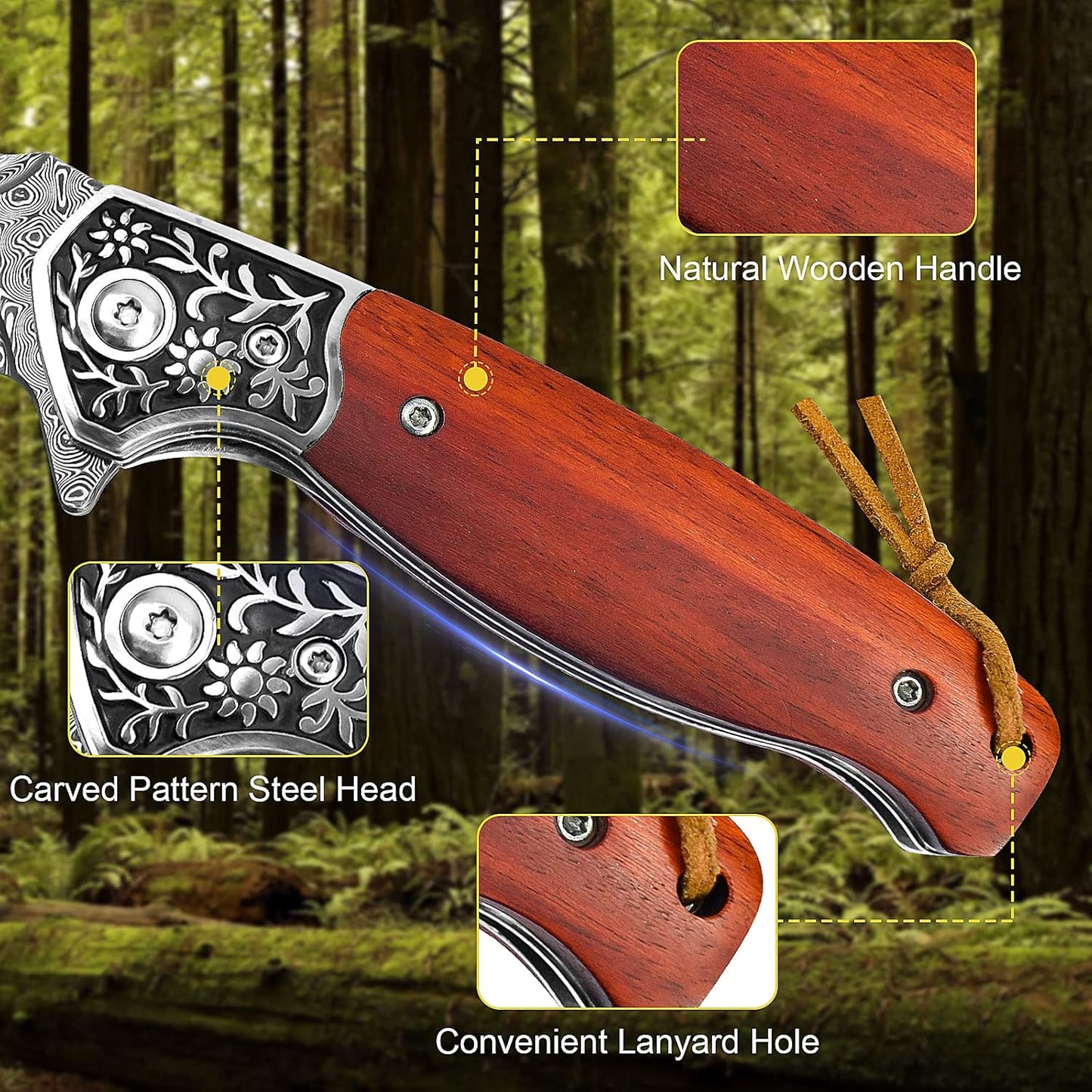 KOMWERO Damascus Pocket Knife, VG10 Damascus Steel Folding Knife with Wood Handle, Leather Sheath, Liner Lock, EDC Knife for Outdoor Survival Hunting Collection