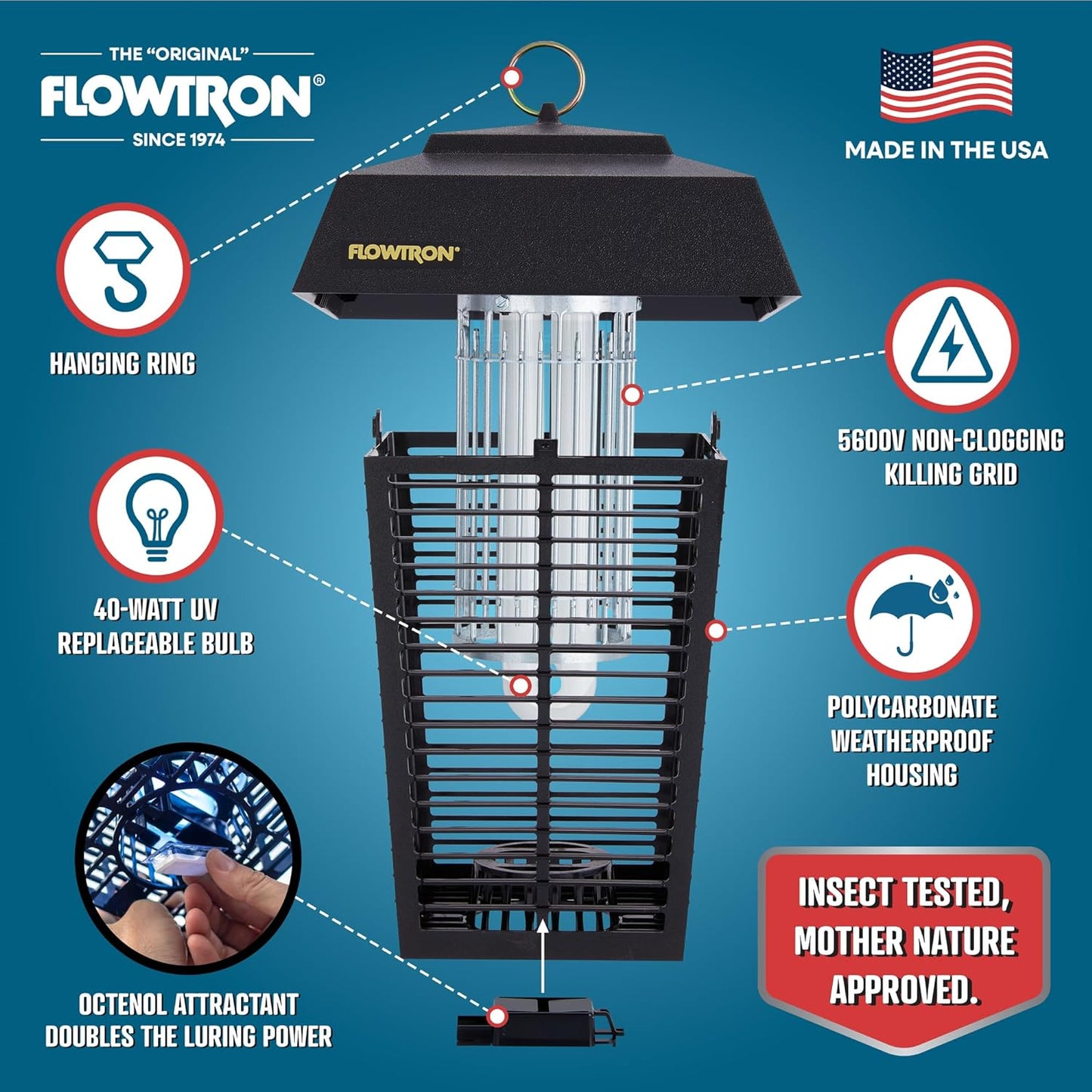 Flowtron Bug Zapper, 1 Acre of Outdoor Coverage with Powerful 40W Bulb & 5600V Instant Killing Grid, Electric Insect, Fly & Mosquito Zapper, Made in The USA