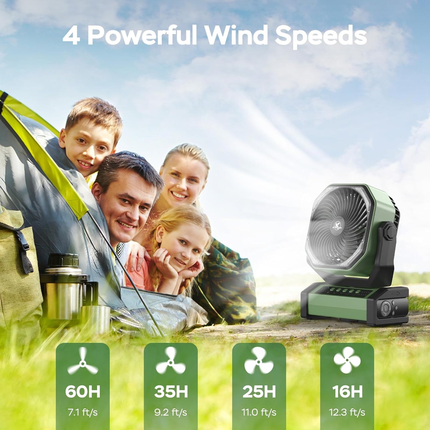 KITWLEMEN Camping Fan with Light - 20000mAh Rechargeable Battery Fan, 60Hrs Max Run Time, 4 Speeds, Timer, Auto Oscillation, 270° Pivot & Hook for Camping, Power Outage, Hurricane