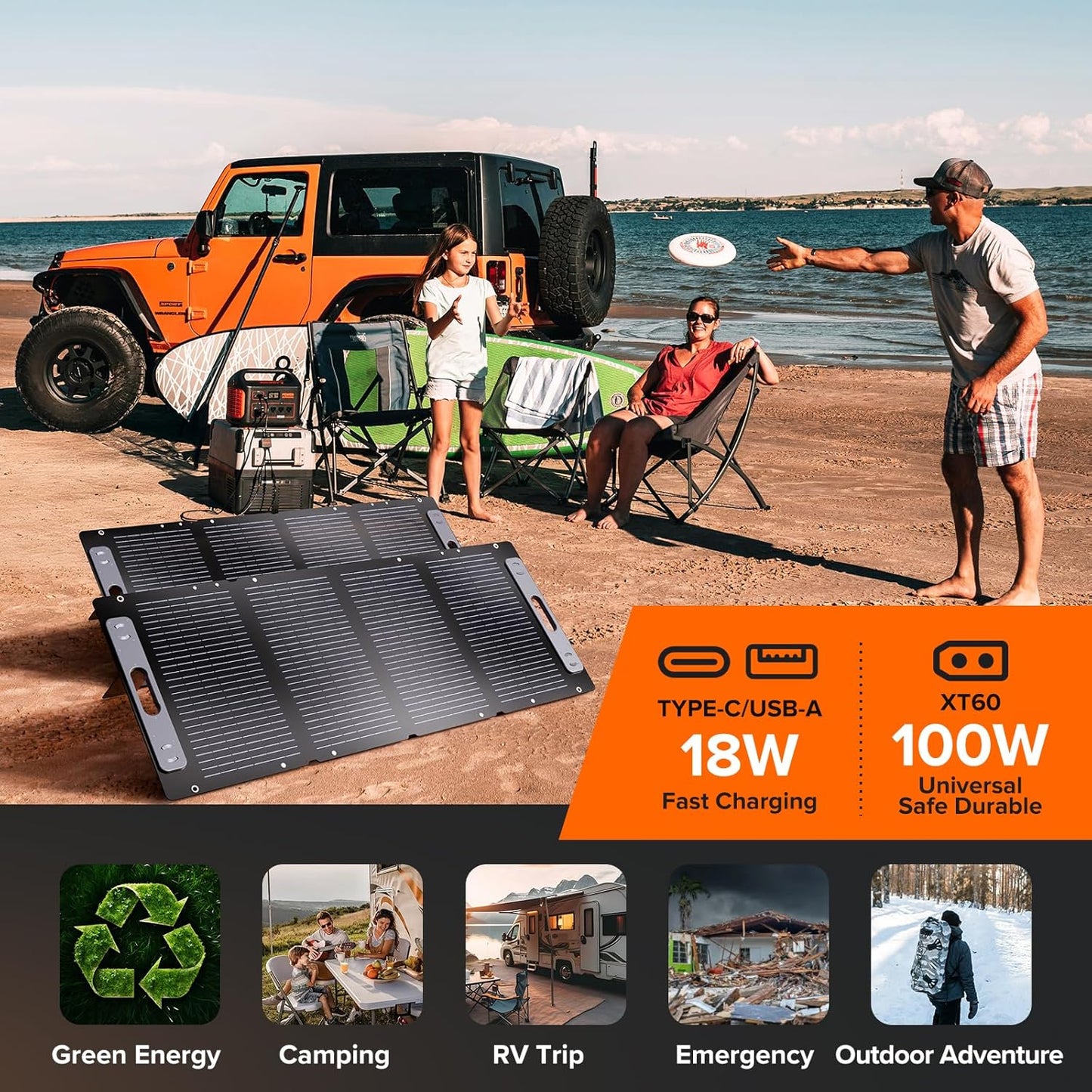 100W Portable Solar Panel for for Camping,RV,Off-Grid-23.5% Efficiency,Lightweight Foldable,USB-A,Type-C & XT60 Output,IP67 Waterproof,IEC Certified