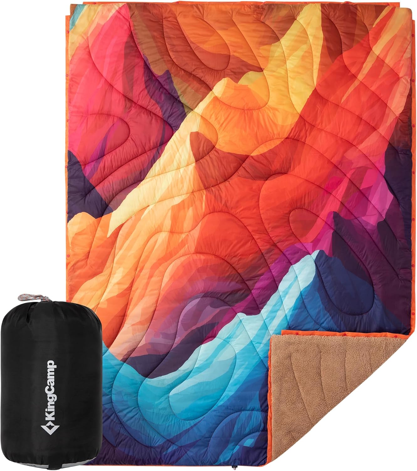 KingCamp Large Camping Blanket with Sherpa Lining, Packable Down Alternative Puffy Printed Wearable Blanket with Snap Buttons, Warm Weatherproof Quilt for Outdoor Travel (79" L x 57" W, Peak)