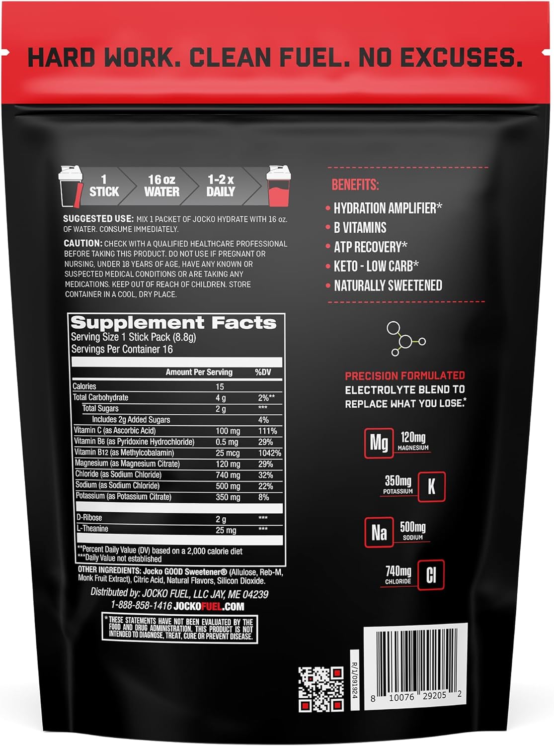 Jocko Fuel Hydrate Electrolytes Powder Packets Low Sugar - Hydration Amplifier Packets for Recovery, Dehydration, & Exercise - with Vitamins B6, B12 & C (16 Packets) Fruit Punch