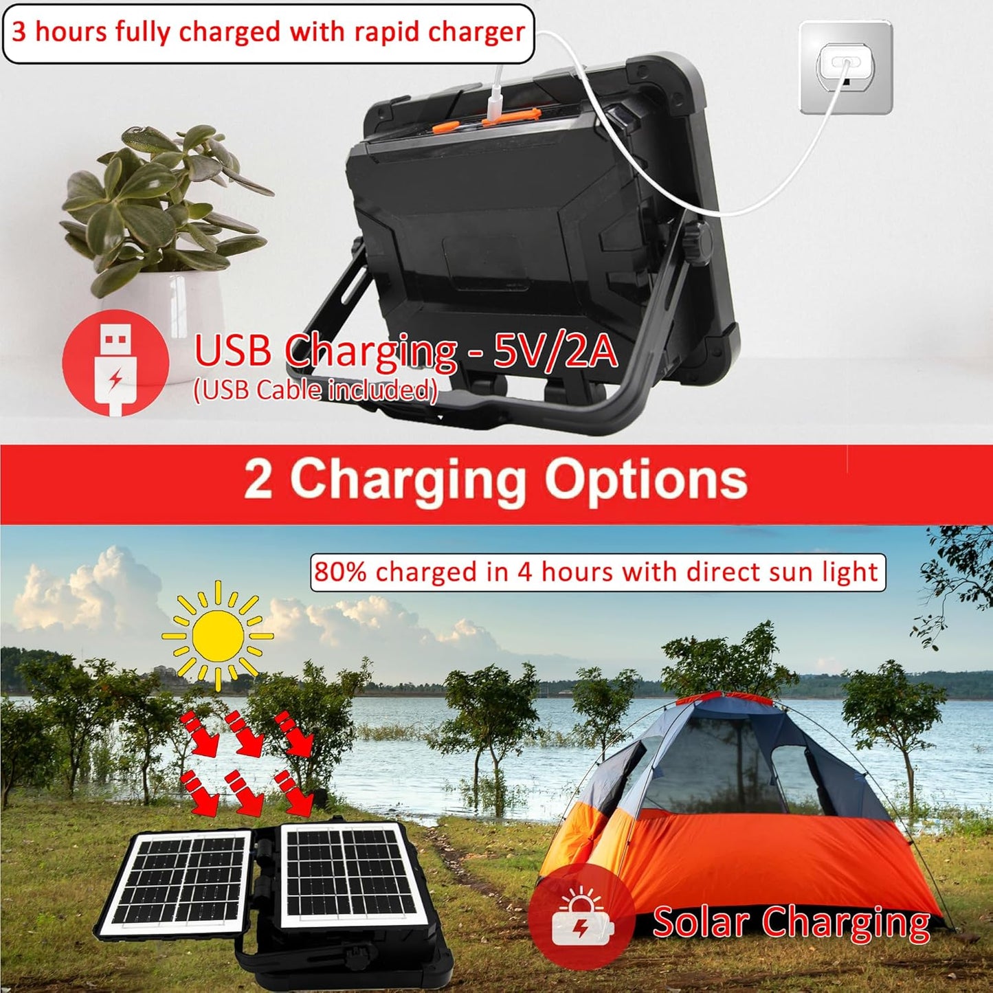 150W Portable Rechargable Dual Solar Panel LED Work Light with 5 Modes, 10000LM 21600mAh IP66 Waterproof Outdoor Flood Light