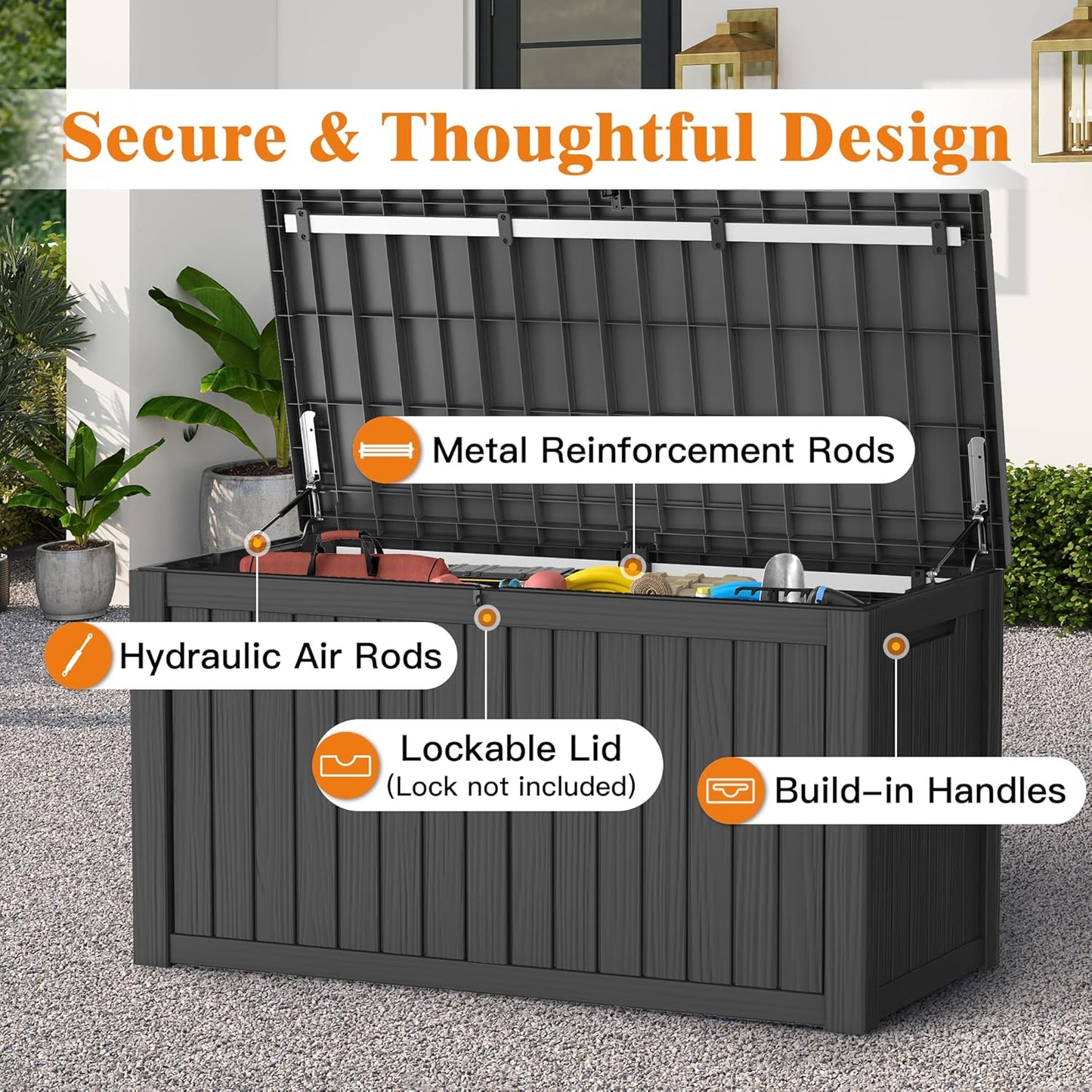 150 Gallon Outdoor Storage Box Waterproof Deck Box for Garden Tools, Lockable Storage Box for Patio Cushion Outside Package Delivery Box