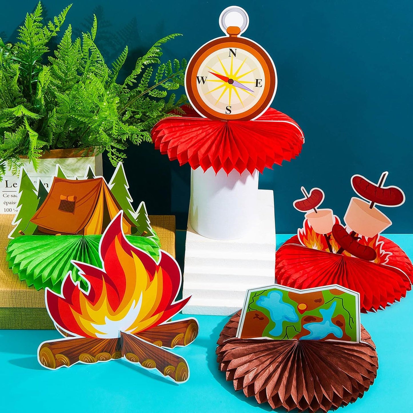 12 Pieces Camping Honeycomb Centerpieces Camping Decorations Party Supplies Campfire Table Centerpieces Adventure Cake Toppers Bears Tent 3D Photo Props Decorations