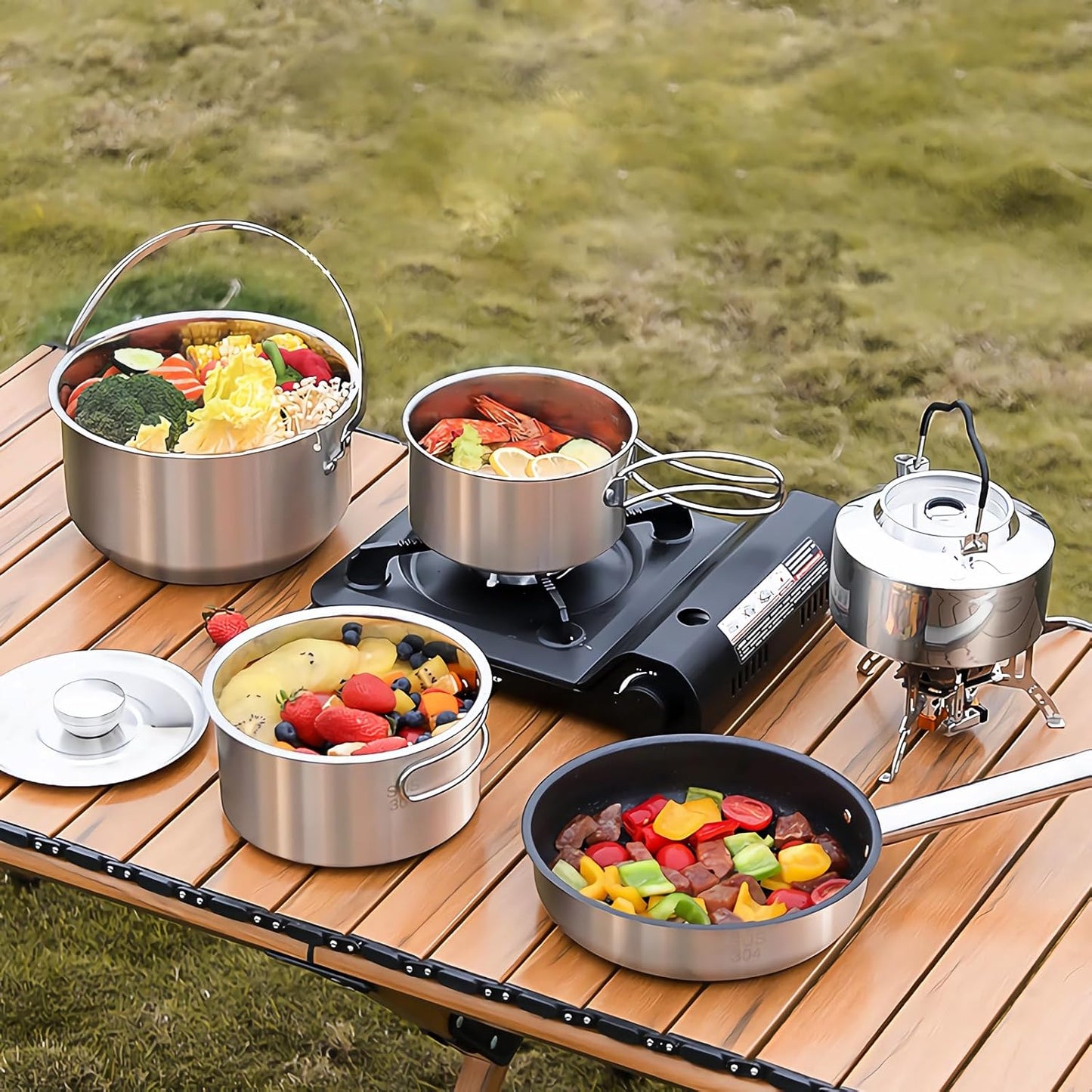 Jorunhe 7PCS Camping Cooking Set,Camping Cookware Mess Kit,304 Stainless Steel Camping Cookware with Travel Tote Bag for Camping Outdoor Cooking & Picnic,RVs