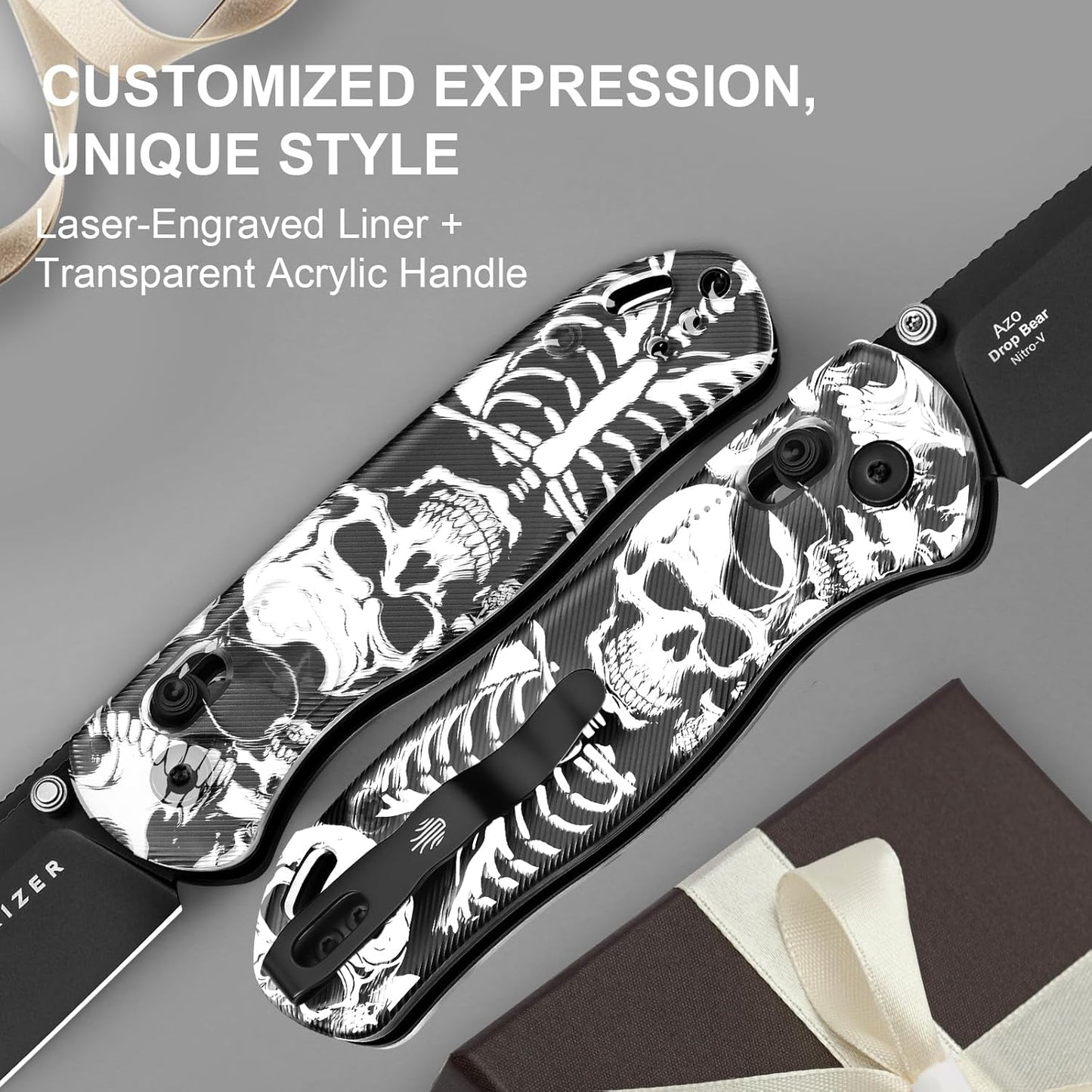 Kizer Drop Bear EDC Pocket Knife, 2.97” Nitro-V Blade Acrylic Handle Folding Knife with Thumb Stud Opener, Clutch Lock EDC Knives for Men Women Gift V3619A12