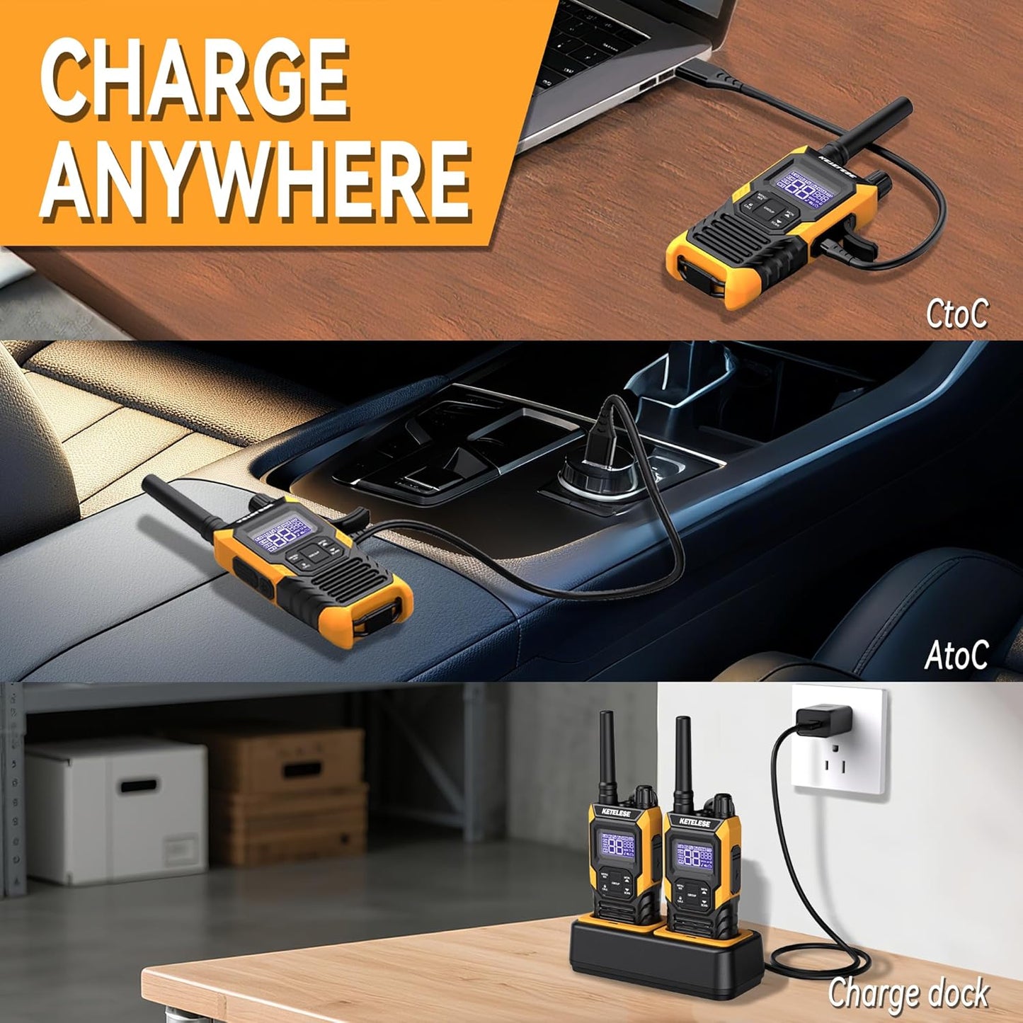 KETELESE T4 Long Range Walkie Talkies, Portable Two Way Radios IP67 Waterproof, with Earpiece, NOAA&Weather Alarm, PTT, Group, VOX, 4Pack, Orange