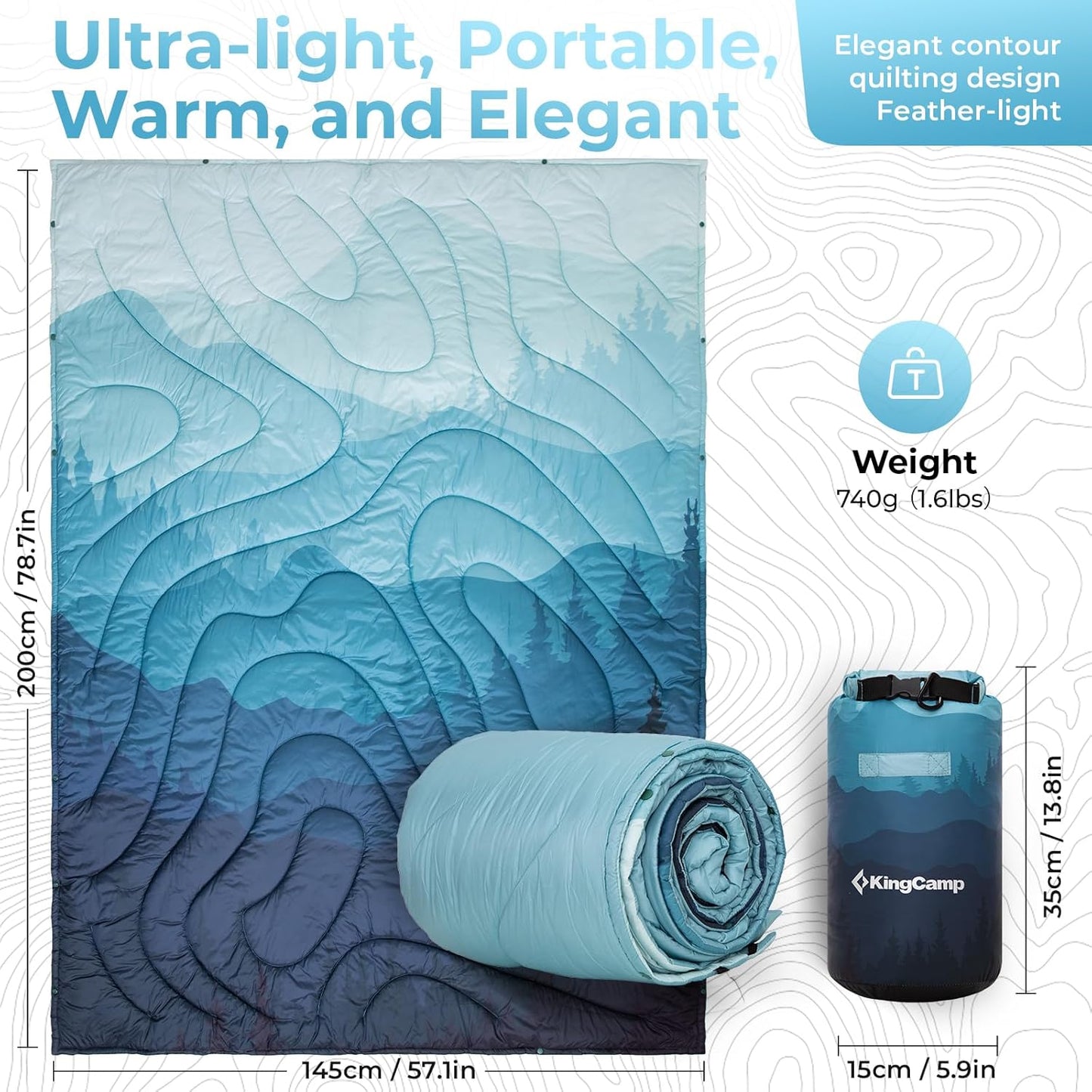 KingCamp Ultralight Camping Blanket, Packable Down Alternative Puffy Printed Wearable Blanket with Snap Buttons & Corner Loops Weatherproof Quilt for Outdoor Travel Stadium (79"L x 57”W, CYAN)