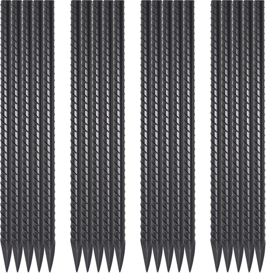 16 Inch Rebar Ground Stakes 20 Pack 3/8 Inch Diameter Straight Metal Stakes for Ground Heavy Duty with Chisel Point End Concrete Forming Spikes for Plant Support and Fence, Black