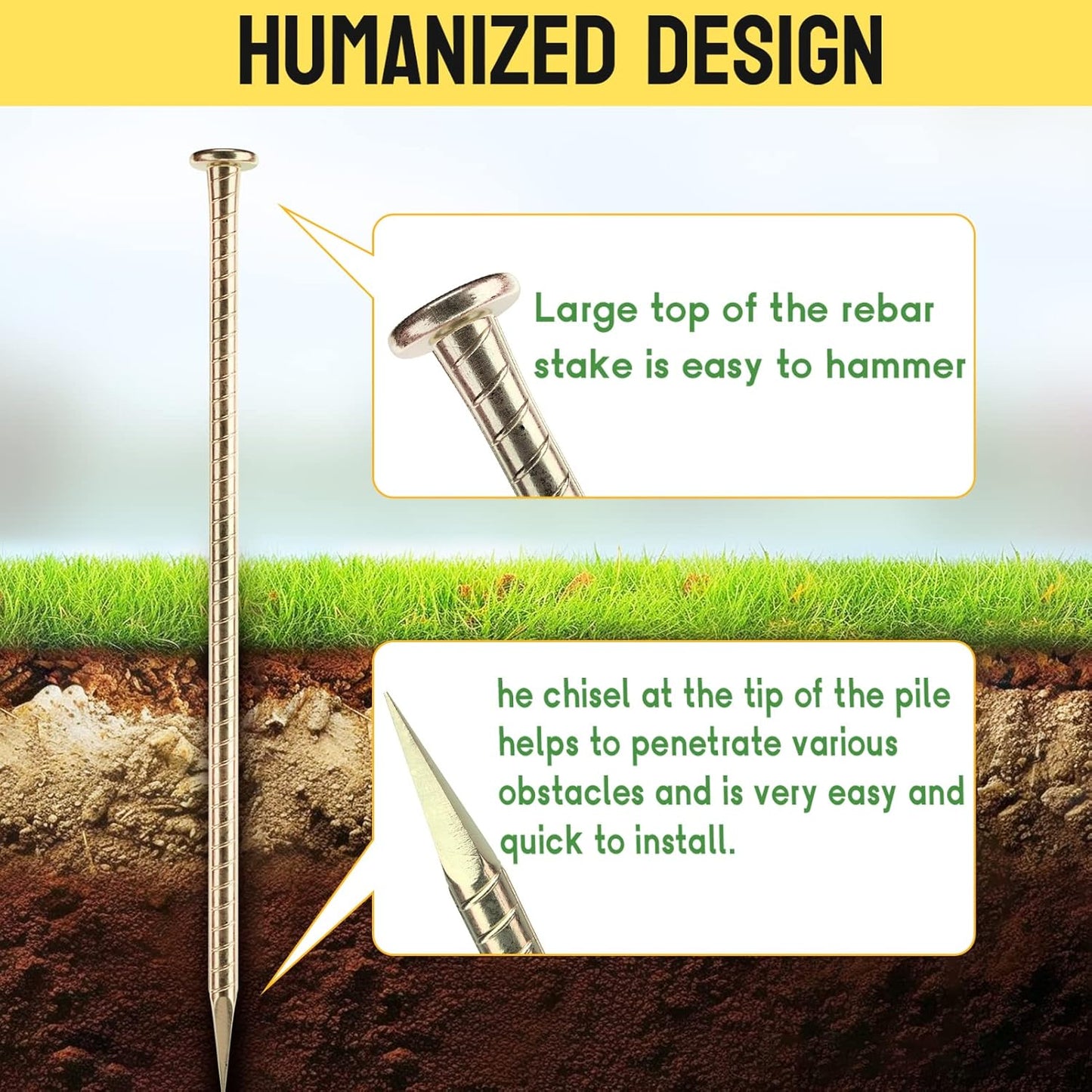 16 Inch Rebar Stakes - 1/2 Inch Diameter Galvanized Steel Ground Anchors - Heavy Duty Plant Support Garden Stake for Speed Bump, Wheel Stop, Tent (10 Pack)