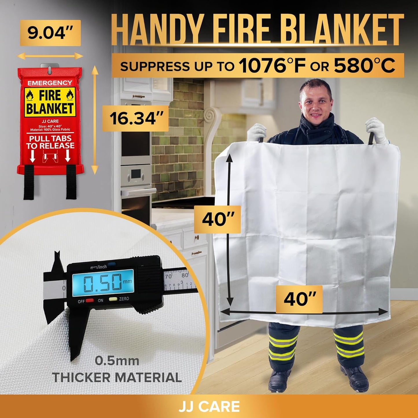 JJ CARE Fire Blanket – 10 Packs with Hooks – Emergency Fire Blanket for Home & Kitchen, High Heat Resistant Fire Suppression Blankets for Home Safety, Kitchen, and Camping