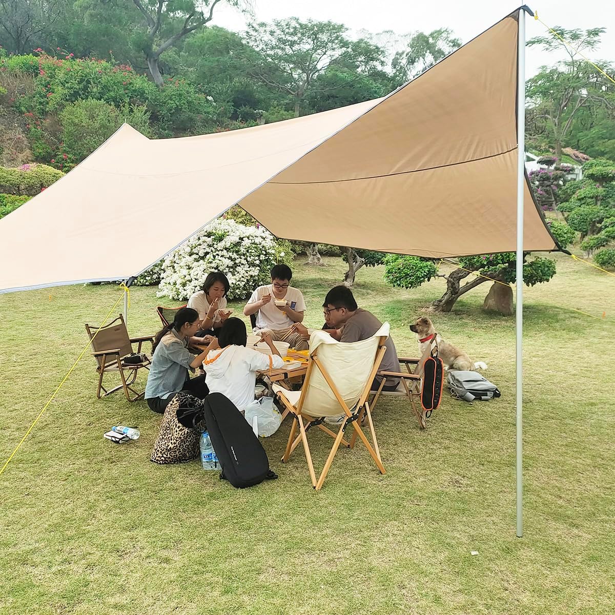 16x16 ft Large Camping Tarp Waterproof Hammock Rain Fly Camping Awning Khaki (Including Poles)
