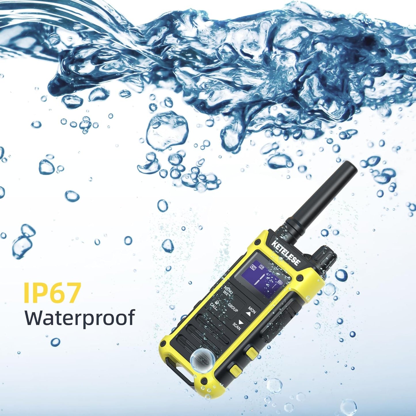 KETELESE T3F IP67 Waterproof Walkie Talkies, Rugged Two Way Radio with Earpiece, Triple Proof, Three Charging Options, FRS 2 Way Radio, NOAA, VOX (6 Pack), Black/Yellow