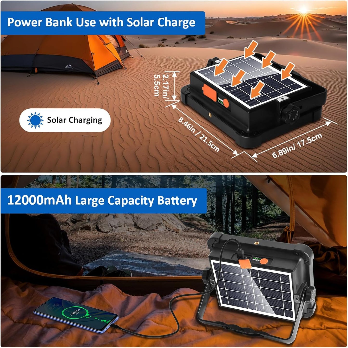 100W Rechargeable Work Light, 12000mAh Solar Work Light, 336 LEDs Flood Light, 4 Lighting Modes/Stepless Dimming, Portable for Camping, Car Repair, Power Cut