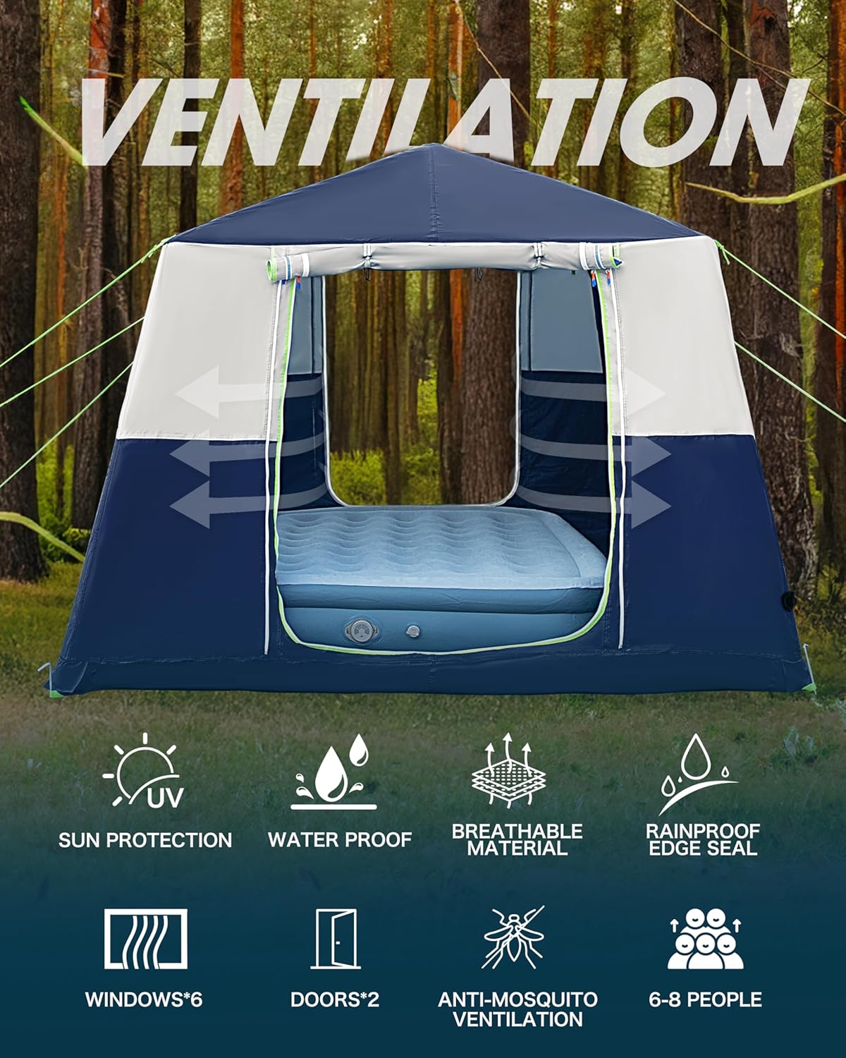 14.1'x6.5'x9' Inflatable Tents for Camping, Portable 6/8/10 Person Blow Up Air Tent, Waterproof Windproof Easy Setup Large Family Tent with 2 Doors, 6 Windows, Mosquito Screen