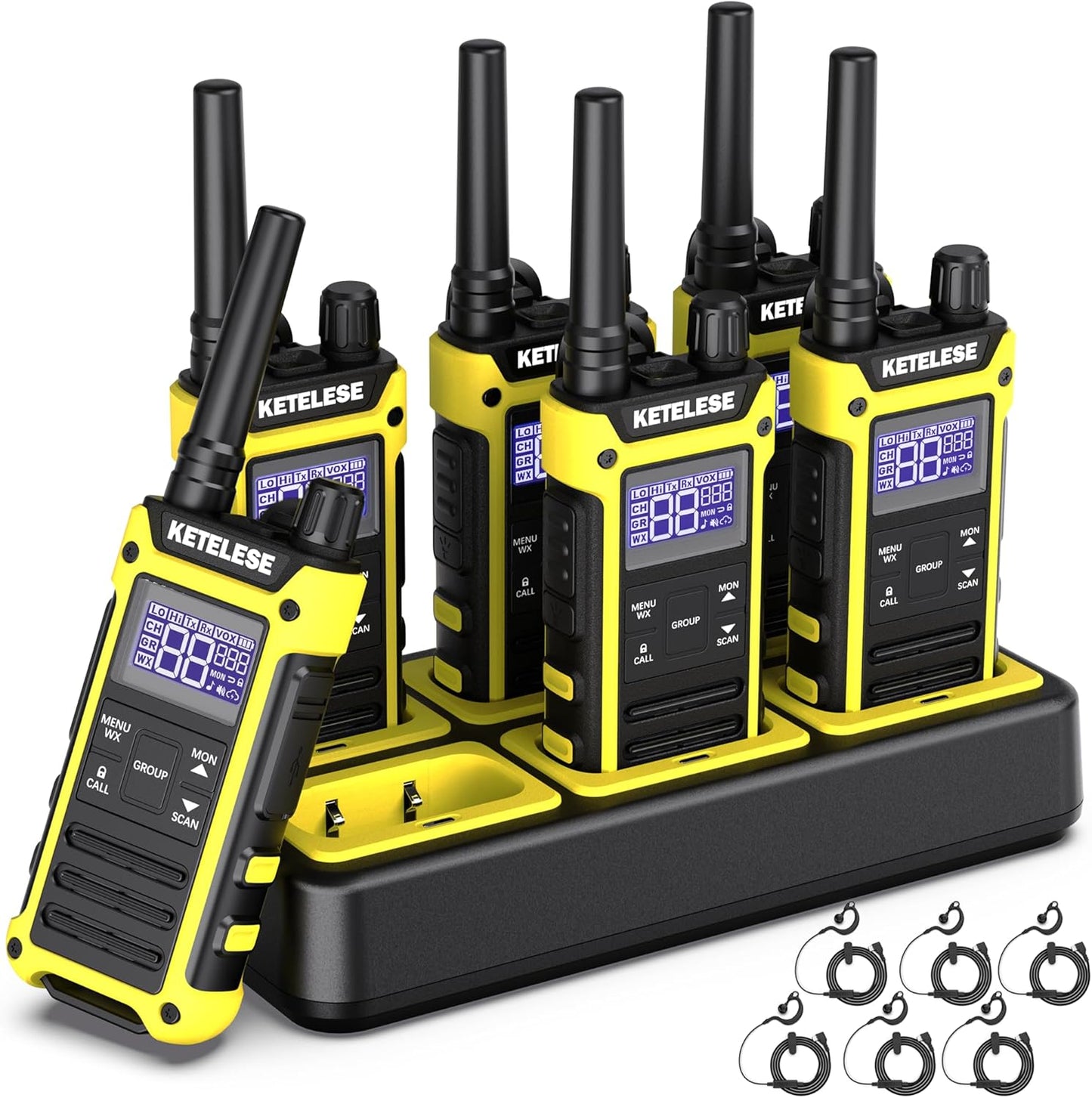 KETELESE T3F Walkie Talkies 6 Pack for Adults, IP67 Waterproof 2 Way Radios Rechargable, with Earpiece and Mic, Shock Resistant, Dual PTT, One Key Group Call, VOX, NOAA&Wheather Alert, Black/Yellow