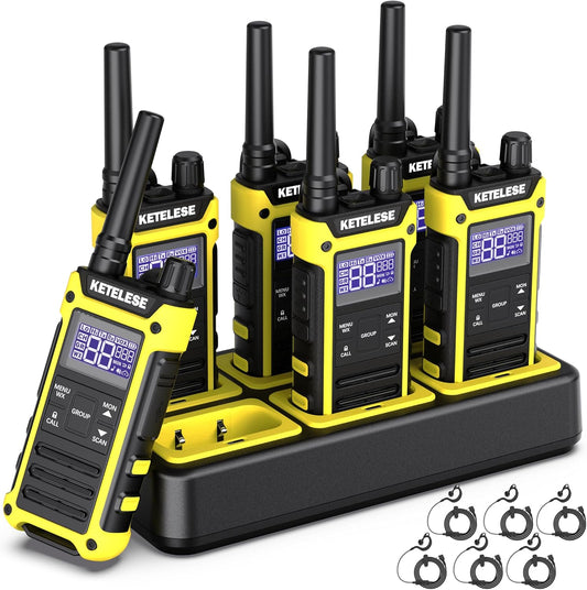 KETELESE T3F Walkie Talkies 6 Pack for Adults, IP67 Waterproof 2 Way Radios Rechargable, with Earpiece and Mic, Shock Resistant, Dual PTT, One Key Group Call, VOX, NOAA&Wheather Alert, Black/Yellow