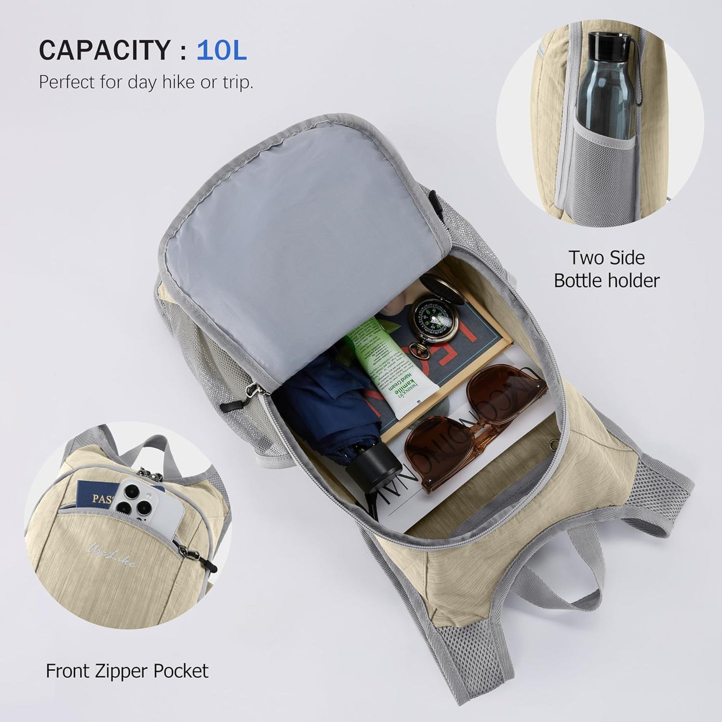 10L Small Hiking Backpack Travel Daypack Lightweight Packable Back Pack for Women Men(Beige)