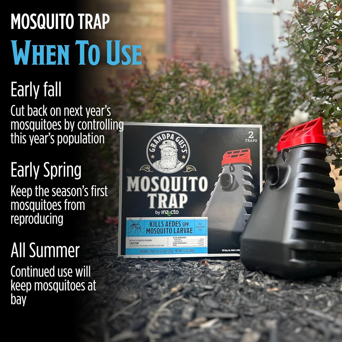 Grandpa Gus’s Mosquito Trap - Effective Long Term Outdoor Mosquito Control Killer Trap, Eco Friendly Insect Prevention for Patios and Gardens (Pack of 2)