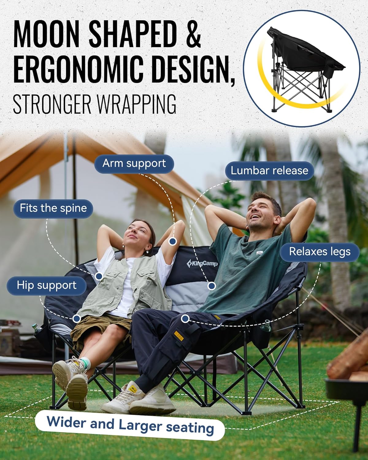 KingCamp Double Camping Chair, Oversized 660lbs Heavy Duty Loveseat for Adults Portable Folding XL 2 Person Moon Couch Padded Comfortable Two Seat with Cooler Bag for Outdoor Lawn, Saucer Chair