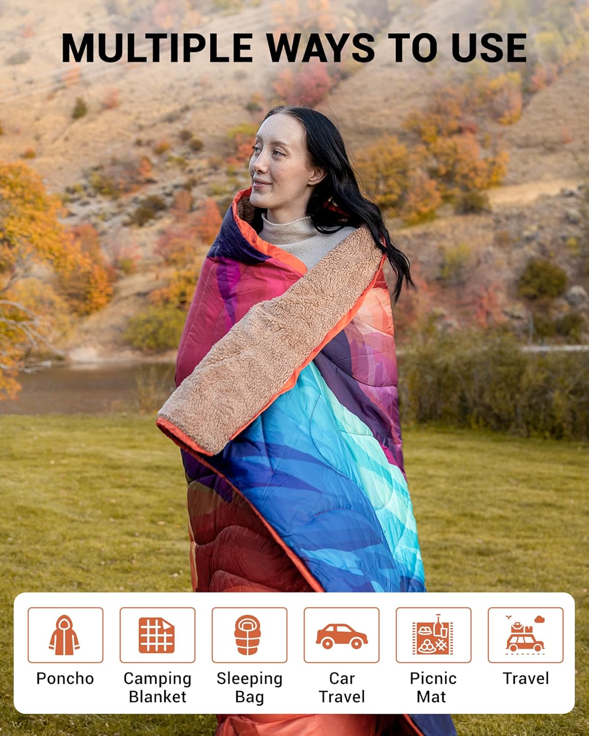 KingCamp Large Camping Blanket with Sherpa Lining, Packable Down Alternative Puffy Printed Wearable Blanket with Snap Buttons, Warm Weatherproof Quilt for Outdoor Travel (79" L x 57" W, Peak)