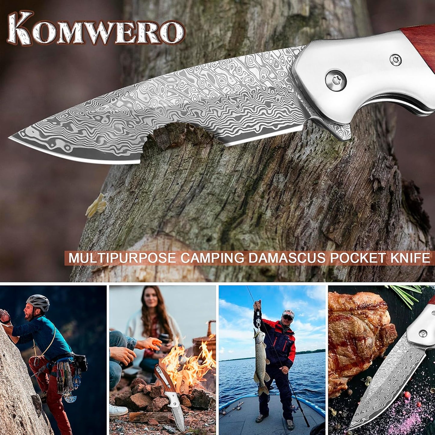 KOMWERO Damascus Pocket Knife, Sharp Damascus Steel Knife with Core VG10 Steel Blade Wood Handle, Folding Knife with Clip for Men Hunting, 60 HRC