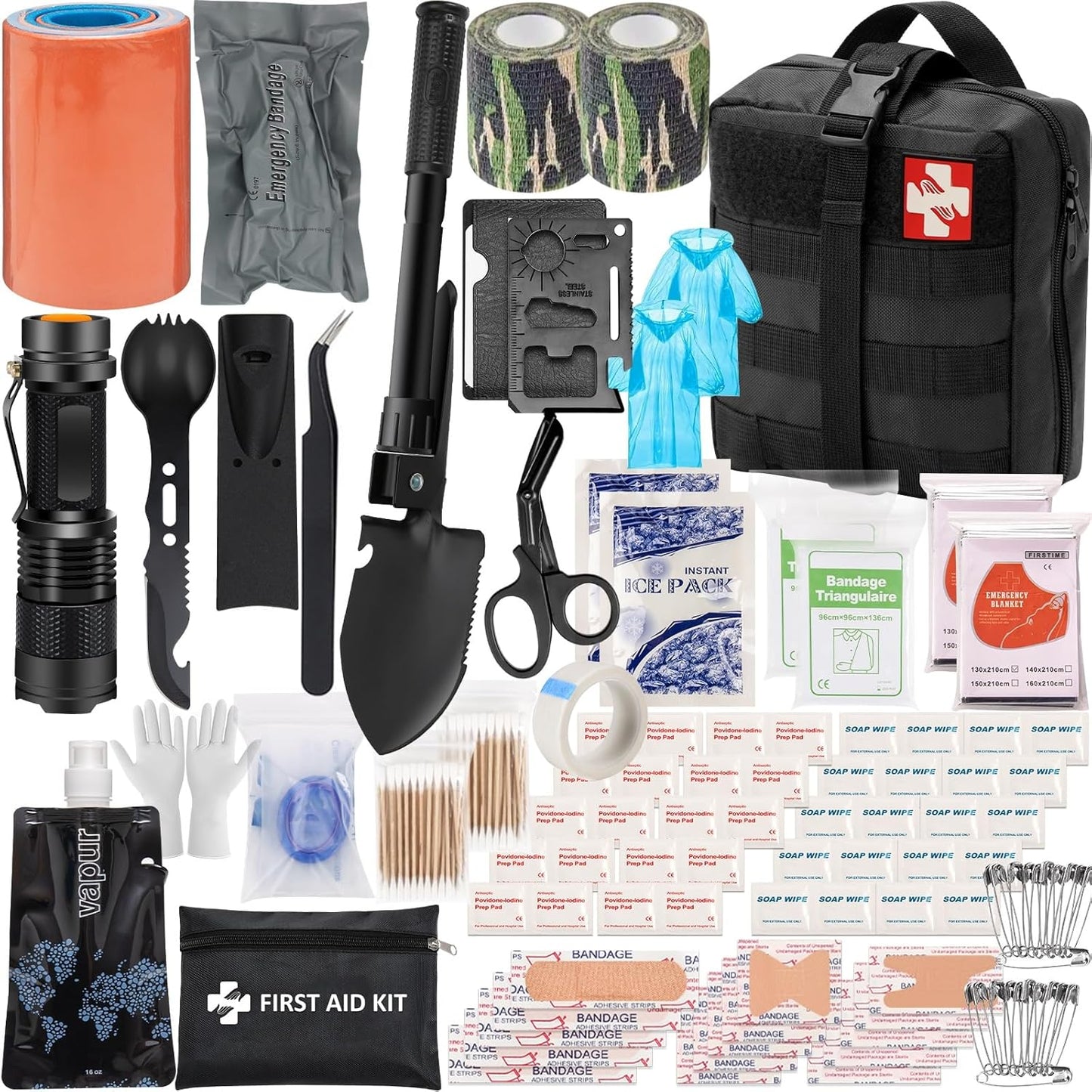 145 Pieces Emergency Survival First Aid Kit with Splint for Trauma Wound Care Blow Out for Camping Outdoor Earthquake and Adventures, Black
