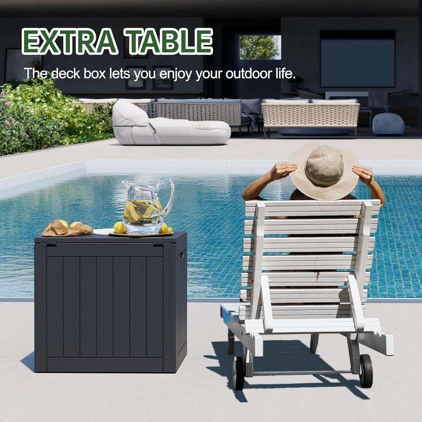 KAMABOKO Deck Box, 35 Gallon Resin Indoor and Outdoor Storage Boxes Waterproof for Garden Tools, Pool Accessories Storage Bench, Patio Furniture and Cushions with Lockable Lid, Black