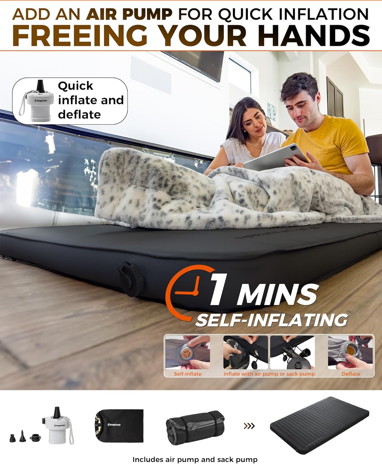 KingCamp Self Inflating Sleeping Pad for Camping, 7.5 R-Value Double Camping Mattress, Portable 4 Season Memory Foam Camping Mat with Pump & PVC-Free Fabric for Comfort Travel Car Tent Cot, Black