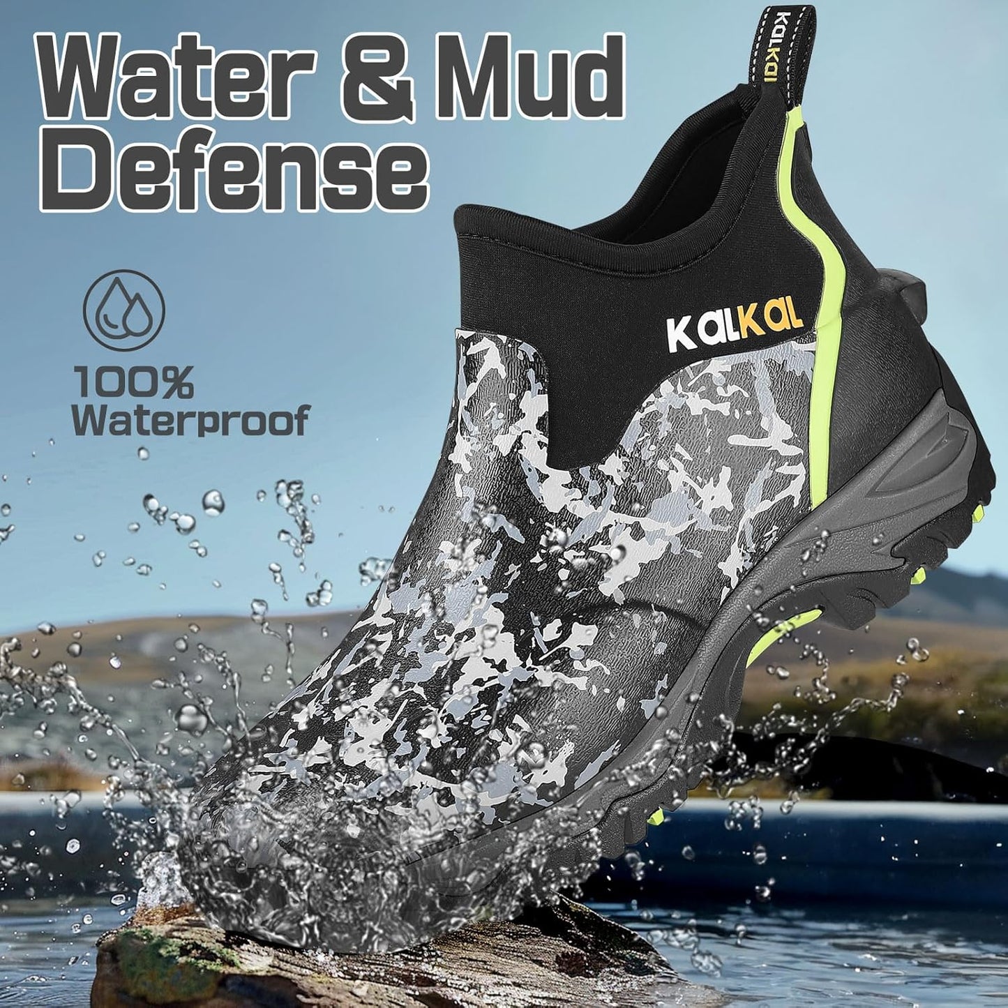 Kalkal Men's Rubber Boots, Waterproof Ankle Rain Boots, Insulated Working Booties with Comfortable Sports Sole, Outdoor Mud Boots for Yard Chore