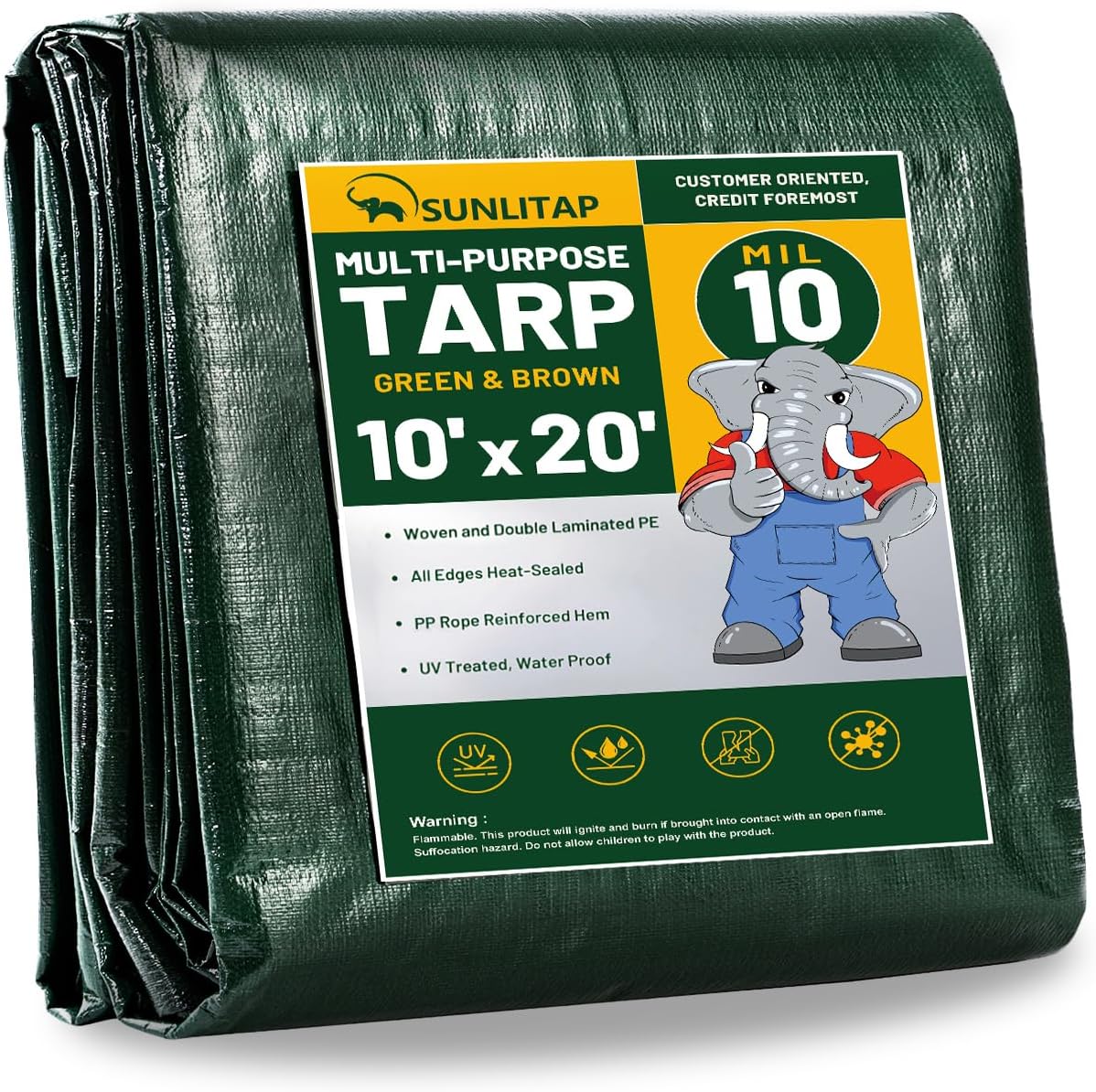 10 Mil Heavy Duty Waterproof Tarps, 10x20 Ft Finished Size Tarps, Premium Tarp with Metal Grommets & Reinforced Edge, Multipurpose Thick Poly Tarp for Car, Boat, Roof, Camping - Green