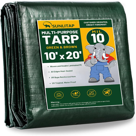 10 Mil Heavy Duty Waterproof Tarps, 10x20 Ft Finished Size Tarps, Premium Tarp with Metal Grommets & Reinforced Edge, Multipurpose Thick Poly Tarp for Car, Boat, Roof, Camping - Green