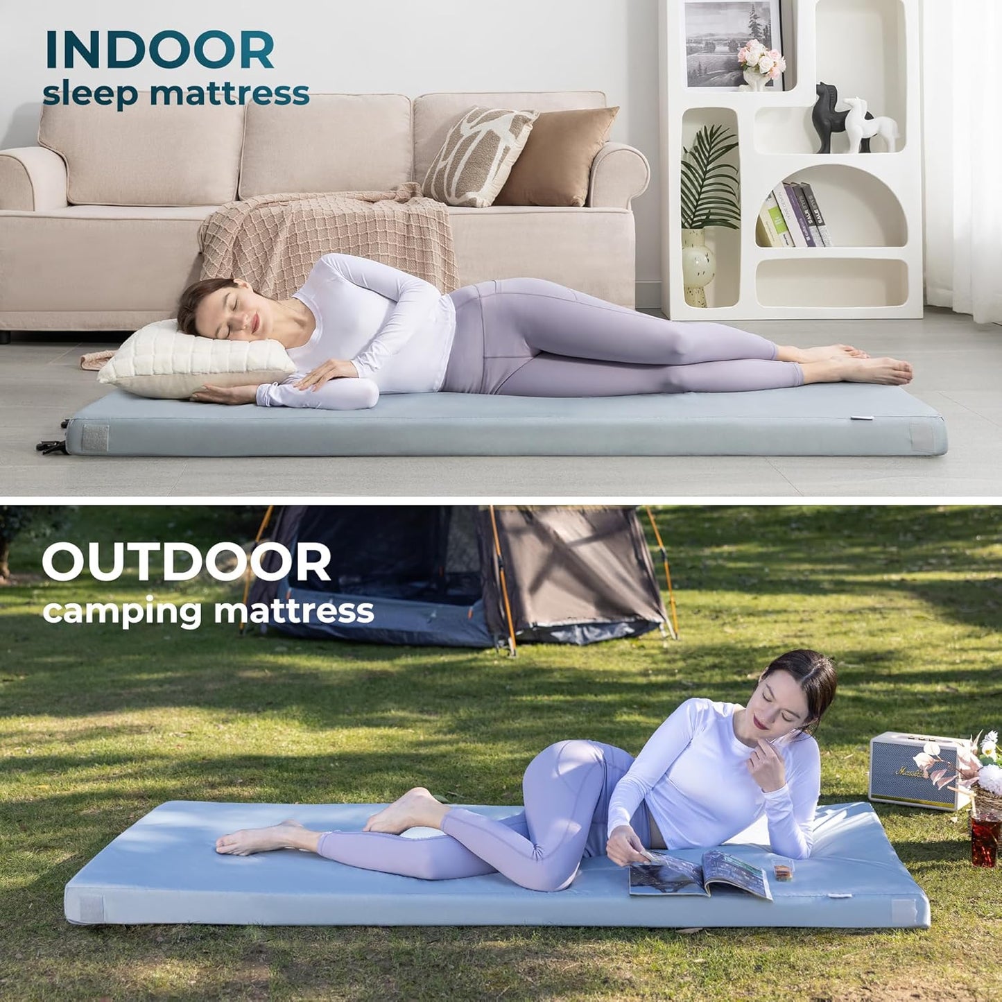 Kingfun Memory Foam Camping Sleeping Pad, CertiPUR-US Camping Mattress Waterproof Roll Up Mattress Guest Bed, Thick Floor Sleeping Mat for Car for Adults with Travel Bag