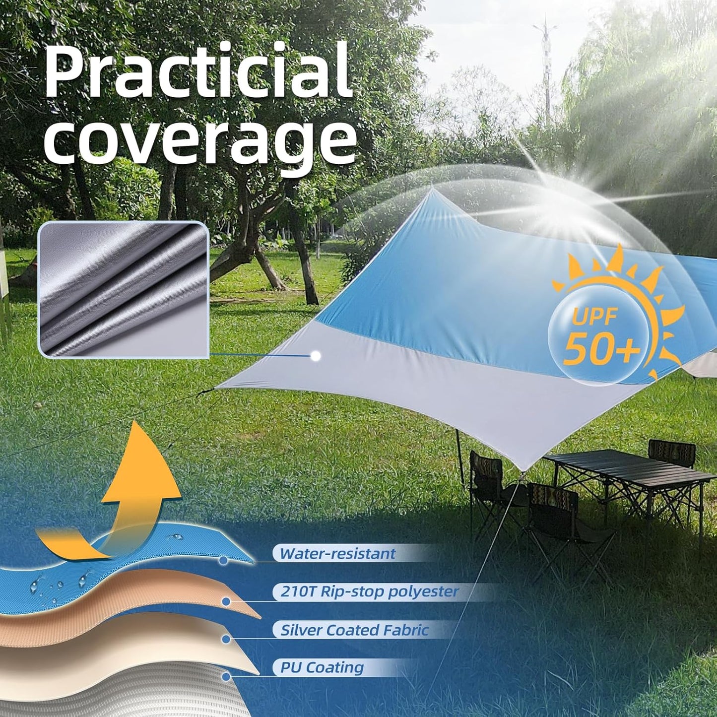 12X14FT Camping Tarp with 2 Poles, UV UPF50+ Lightweight Car Awning Sun Shelter, PU3000 Waterproof Tarp for Camping, Hiking and Backpacking Trips
