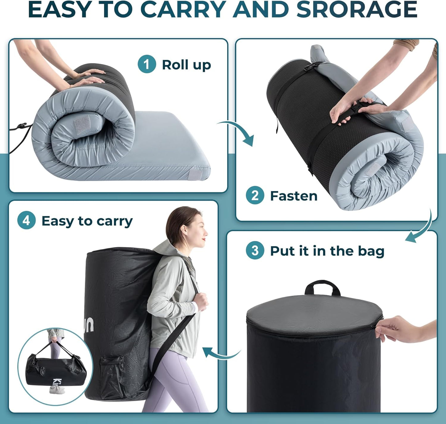 Kingfun Memory Foam Camping Sleeping Pad, CertiPUR-US Camping Mattress Waterproof Roll Up Mattress Guest Bed, Thick Floor Sleeping Mat for Car for Adults with Travel Bag