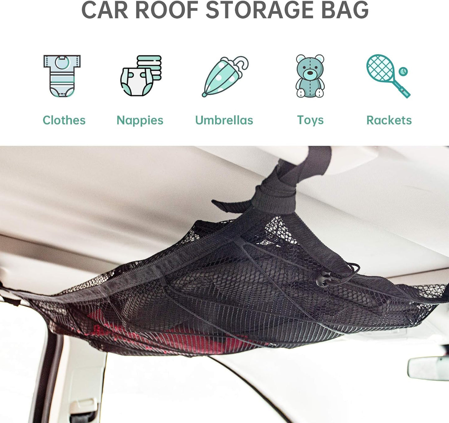 Kaskawise Car Ceiling Cargo Net Pocket,31"x21" Adjustable Double-Layer Mesh SUV Roof Organizer Long Trip Ceiling Storage Net,Car Camping Cargo Net for SUV,Van Life Accessories
