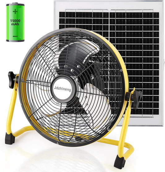 12" Solar Battery Operated Fan,Portable Solar Powered Fan,Rechargeable Floor Fan with 15000mAh Large Battery, Quiet Operation for Camping, Greenhouse, Home, Outdoor, and Summer Use