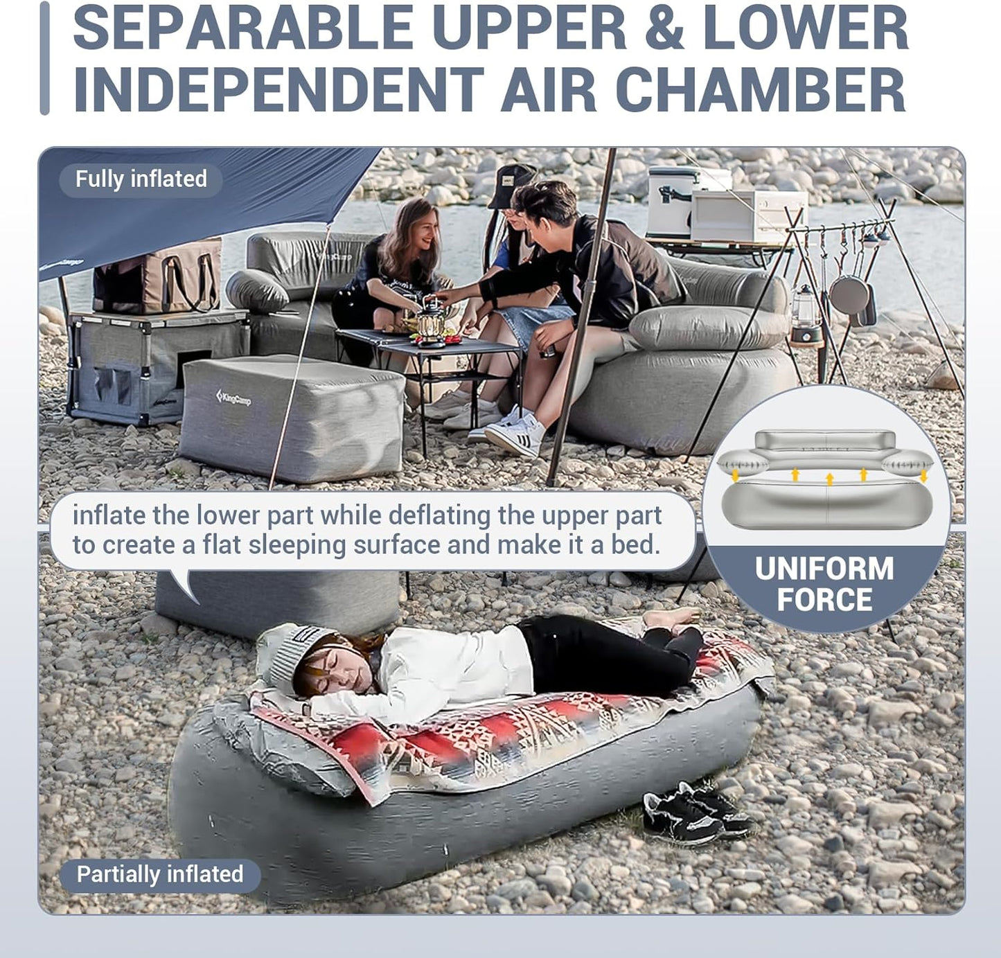 KingCamp Double Inflatable Couch for Camping, Portable Foldable Eco-Friendly Reach-Certified PVC Liner Air Lounger 2-Person Blow Up Sofa with Foot Pump, Pegs, Repair Kit & Removable Cover