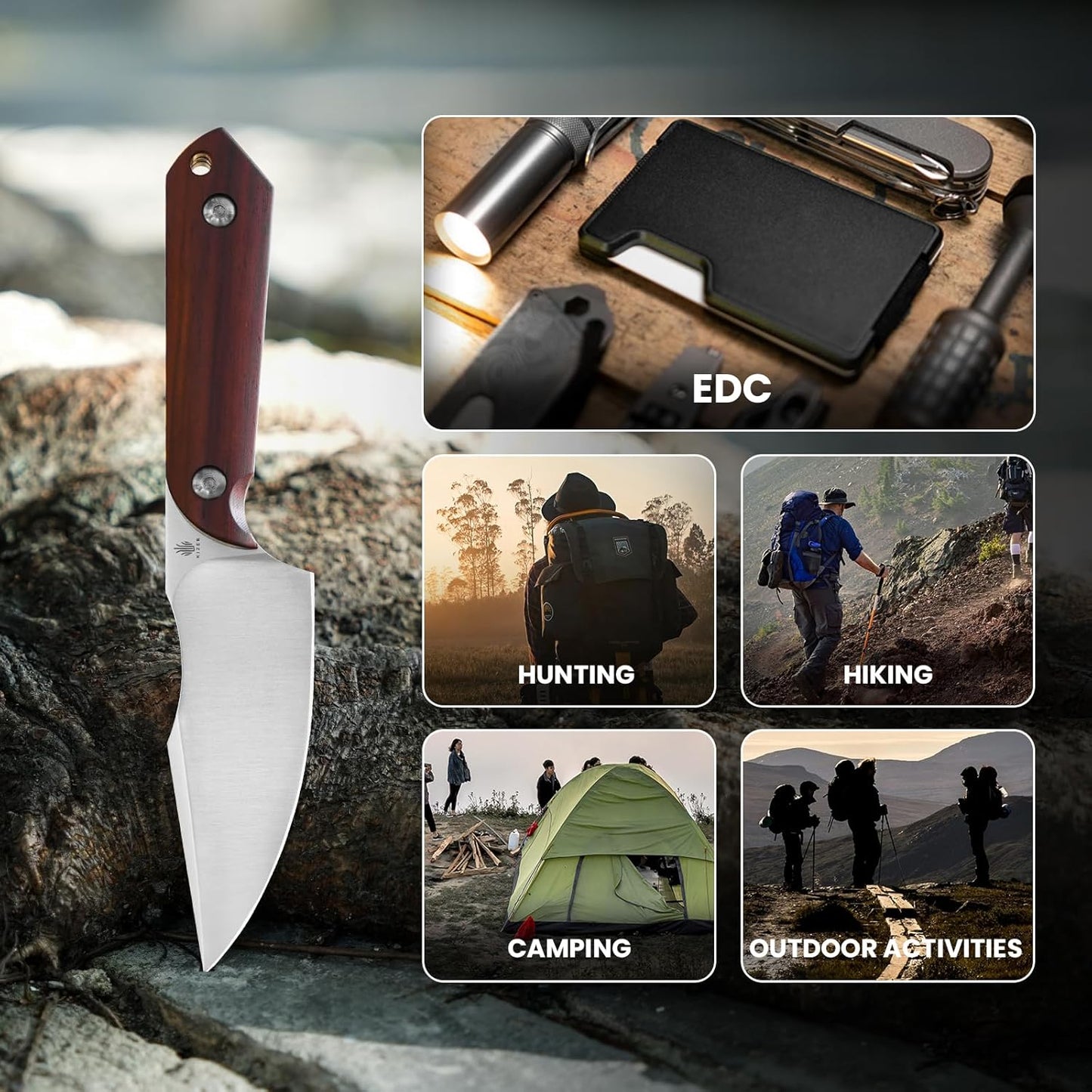 Kizer Harpoon Fixed Blade Knife with Sheath, 3.84” Nitro V Blade Hunting Knife with Red-sandalwood Handle, Camping Fixed Blade EDC Knives for Hiking, Survival 1040M3