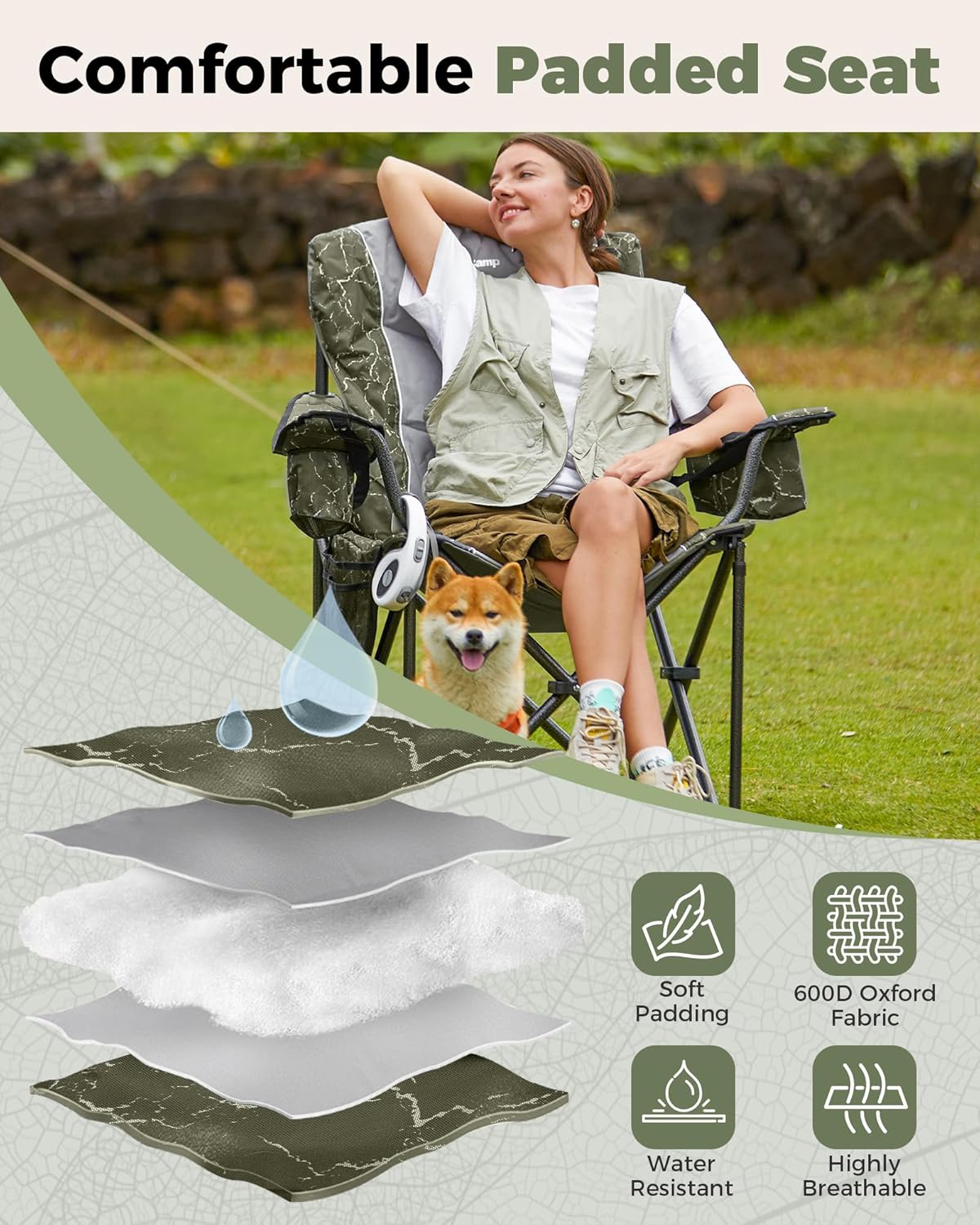 KingCamp Oversized Camping Folding Chair, Heavy Duty 450 LBS with Lumbar Support, Padded seat with Cup Holder&Cooler Bag, Ideal for Camp, Fishing, Sports Event, Backyard, Patio, Lawn