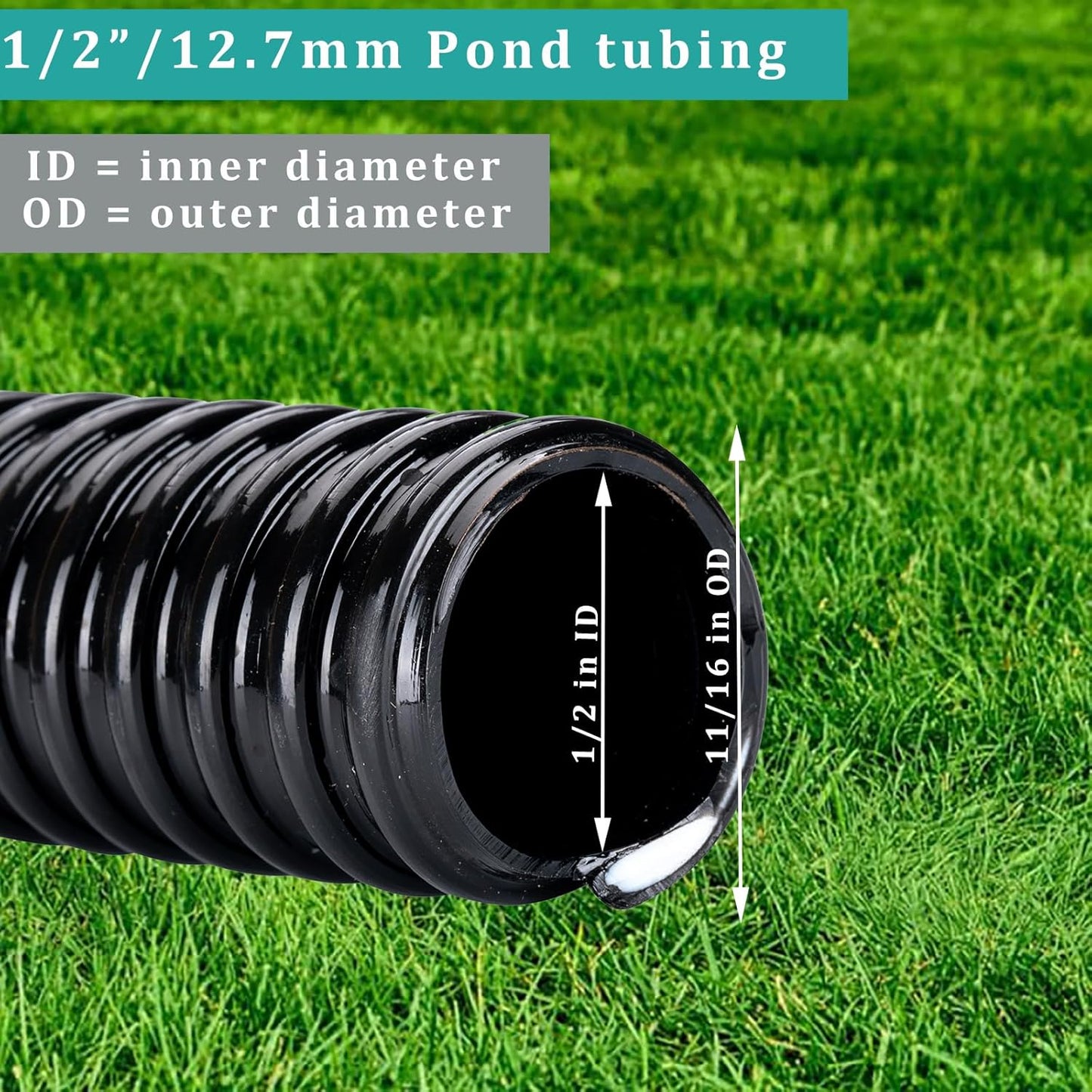 1/2' 10ft Black Corrugated Flexible Reinforced PVC Pond Tube Sump Pump Hose, Non-toxic & Kinkproof (10 ft, 1/2" ID)