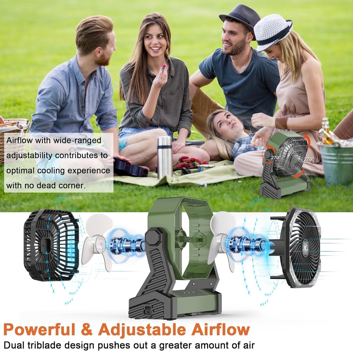 KITWLEMEN 20000mAh Battery Powered Camping Fan - 58H Max Cooling, Rechargeable Battery Operated Desk Fan with 4 Speeds, Bright Light & Hanging Hook, Portable for Tent Outdoor Hurricane Power Outage