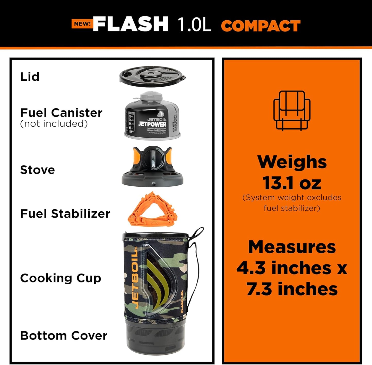 Jetboil Flash 1.0L Portable Fast Boil Stove for Camping and Backpacking with 1-Step Auto Ignition, New for 2025, Propane/Isobutane Burner with Cooking Cup