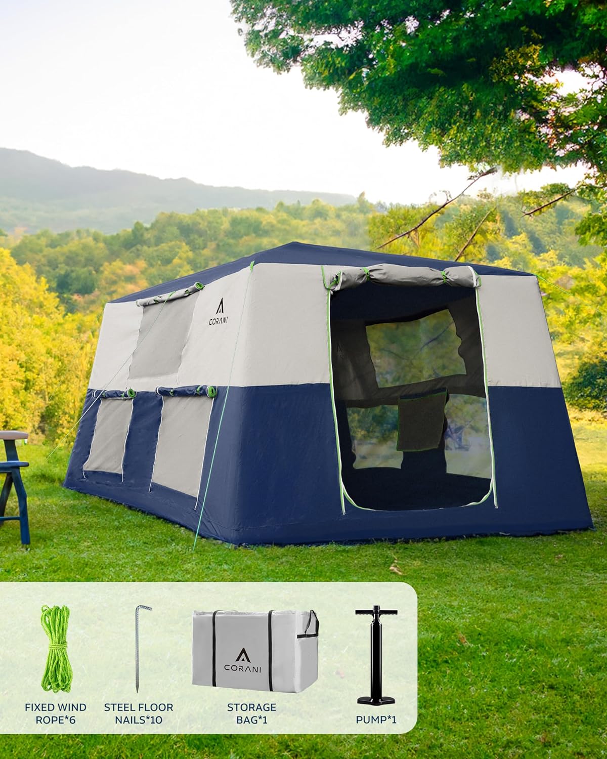 14.1'x6.5'x9' Inflatable Tents for Camping, Portable 6/8/10 Person Blow Up Air Tent, Waterproof Windproof Easy Setup Large Family Tent with 2 Doors, 6 Windows, Mosquito Screen